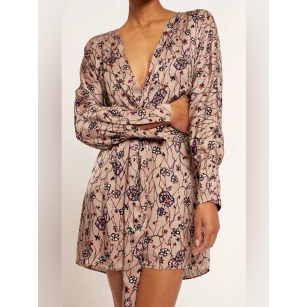 Joie Floral Print Wrap Mini Dress Natural Multi Tan Long Sleeve Fringe Tie NEW